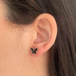 BRINCO BORBOLETA LISO COM RESINA PRETA ONIX 8x10MM