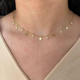 GARGANTILHA COM PINDURICALHO DE ESTRELA DE CHAPA E PEROLA