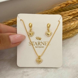 CONJUNTO CORAÇAO CHEIO CRAVEJADO CRISTAL