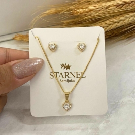 CONJUNTO CORAÇAO CHEIO CRAVEJADO CRISTAL 7MM