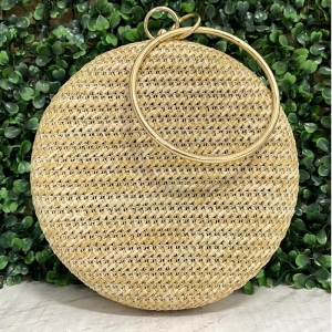 BOLSA CLUTCH REDONDA BOLA DE PALHA E COM ALÇA ARO