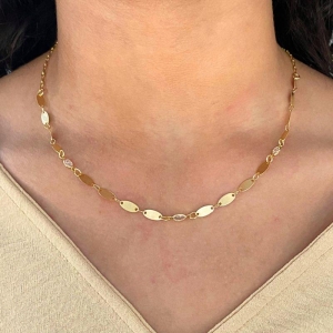 GARGANTILHA ELOS OVAIS DE CHAPA E CRISTAIS