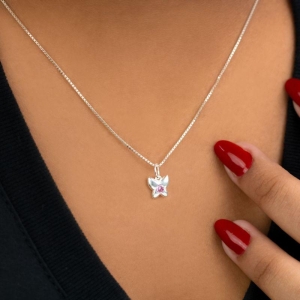 GARGANTILHA P925 VENEZIANA + PINGENTE BORBOLETA ZIRCÔNIA ROSA