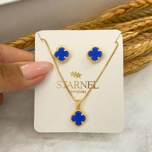 CONJUNTO TREVO DE 4 FOLHAS AZUL ÁGATA