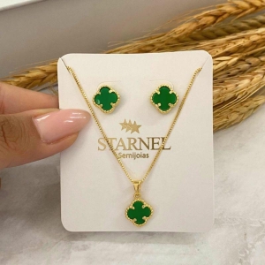 CONJUNTO TREVO DE 4 FOLHAS VERDE TURMALINA