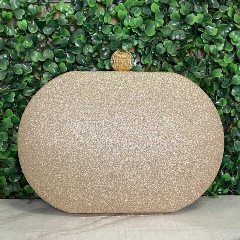 BOLSA CLUTCH OVAL COM BRILHO PUXADOR REDONDO