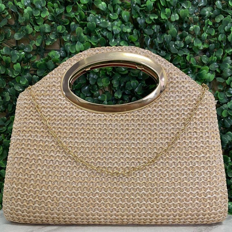 BOLSA DE PALHA LISA COM ALÇA OVAL VAZADA