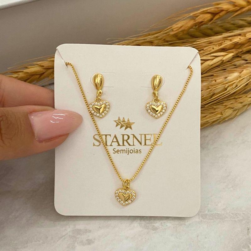 CONJUNTO CORAÇAO CHEIO CRAVEJADO CRISTAL