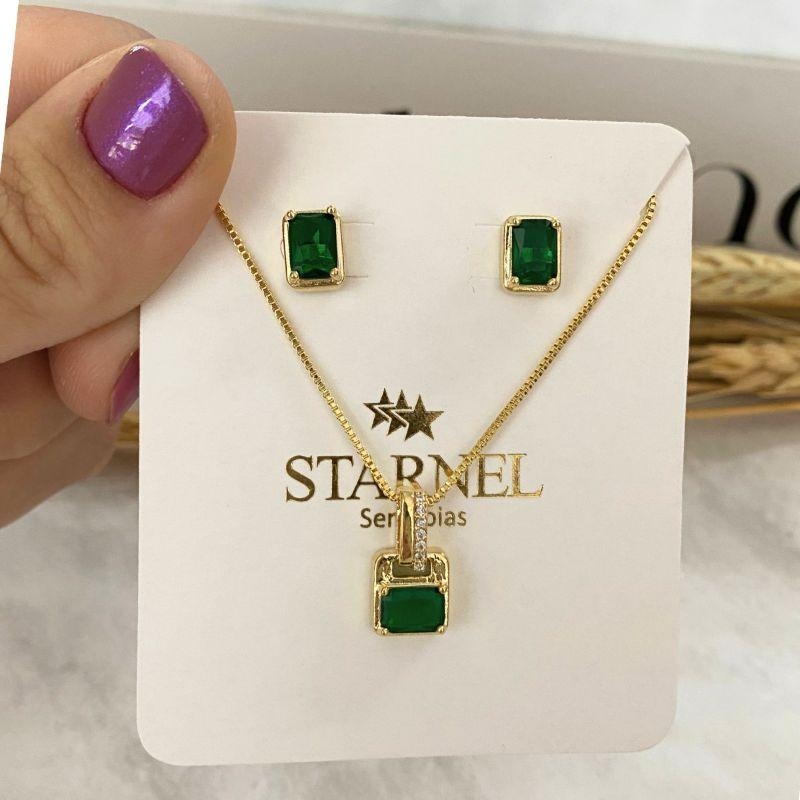 CONJUNTO QUADRADO ESMERALDA COM PINGENTE CRAVEJADO