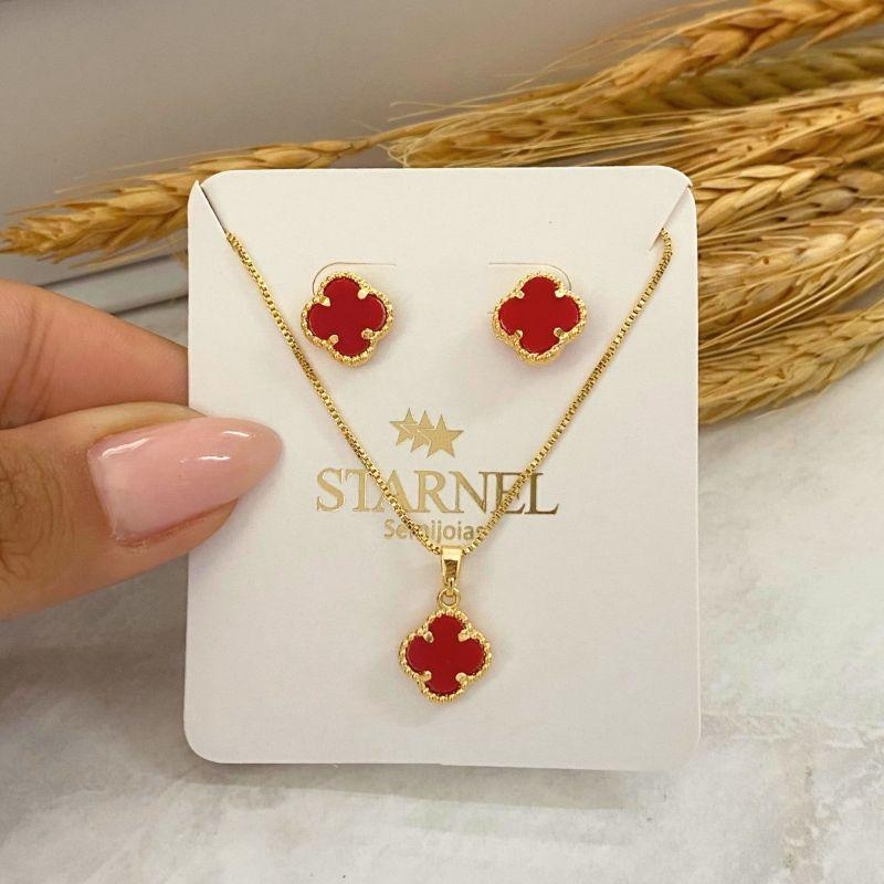 CONJUNTO TREVO DE 4 FOLHAS VERMELHO CORNALINA