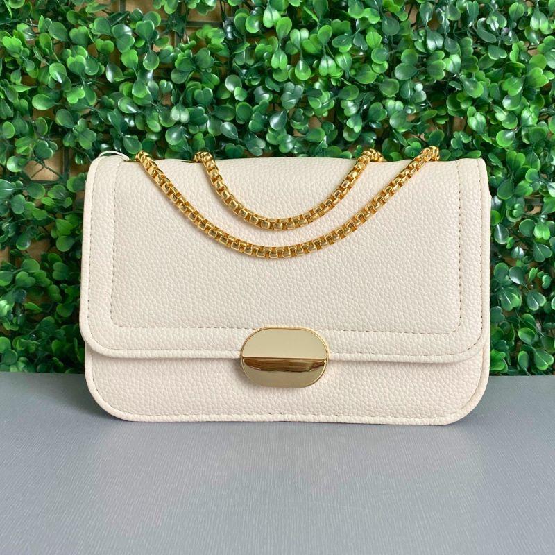 BOLSA PEQUENA QUADRADA LISA FECHADOR OVAL DIVIDIDO ALÇA DE CORRENTE