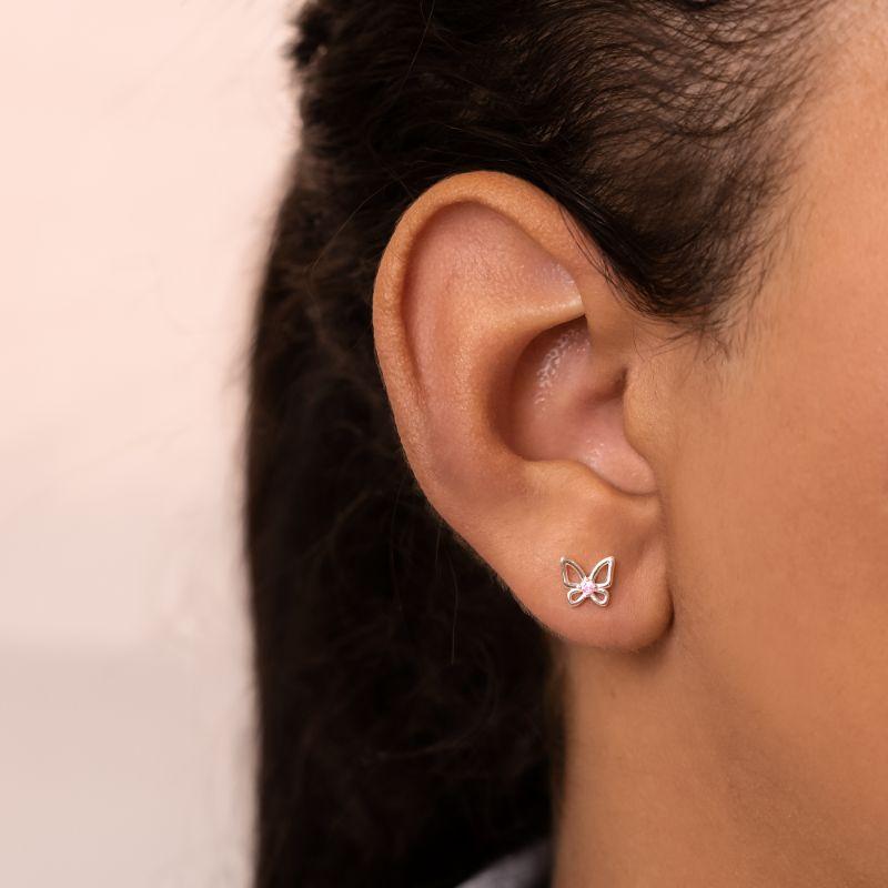 BRINCO PEQUENO P925 BORBOLETA COM ZIRCONIA ROSA