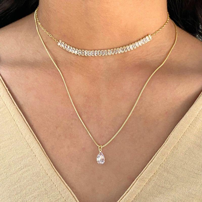 GARGANTILHA DUPLA 1 RIVIERA RETANGULAR 1 VENEZIANA COM PINGENTE DE GOTA CRISTAL