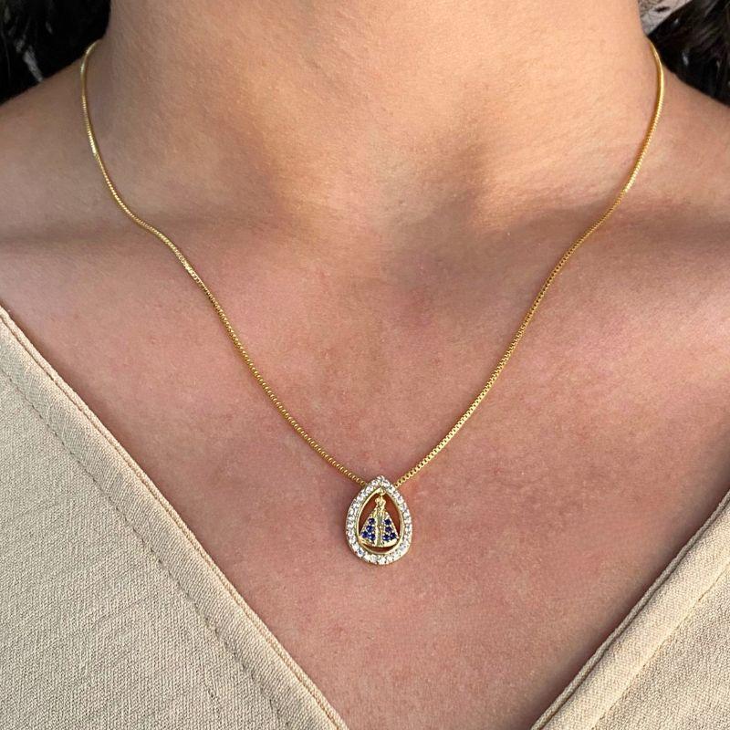 GARGANTILHA VENEZIANA + PINGENTE DE GOTA COM NOSSA SENHORA APARECIDA MANTO AZUL