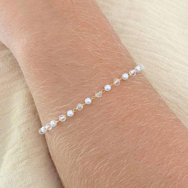 PULSEIRA COM BOLINHAS CRISTAIS DE VIDRO E PEROLAS INTERCALADAS