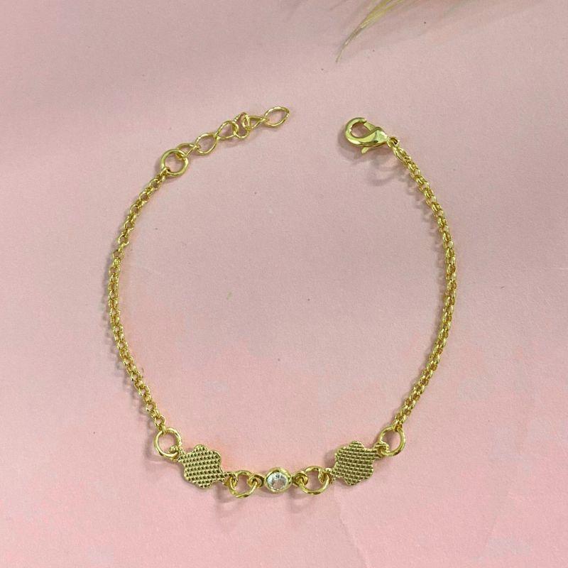 PULSEIRA INFANTIL COM 2 FLORES DE CHAPA LISA E 1 PONTO DE LUZ REDONDO