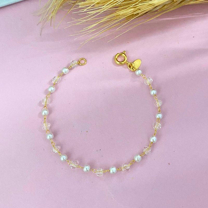 PULSEIRA INFANTIL COM BOLINHAS CRISTAIS DE VIDRO E PEROLAS INTERCALADAS