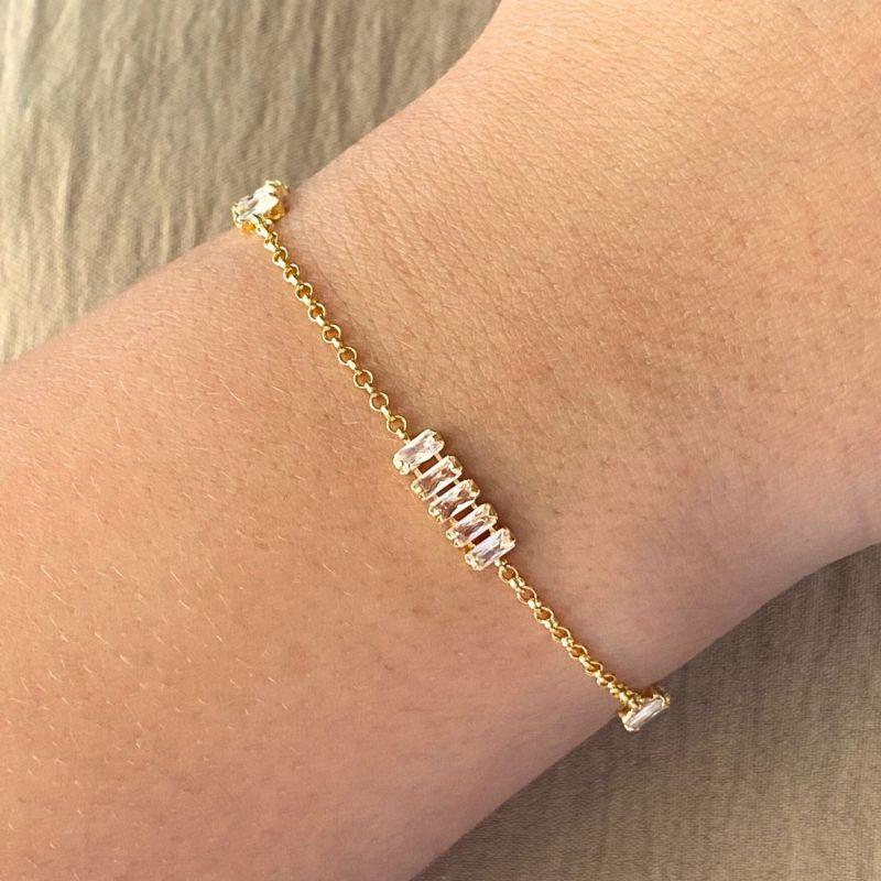 PULSEIRA ELO PORTUGUES COM 3 PLACAS DE RIVIERA RETANGULAR CRISTAL
