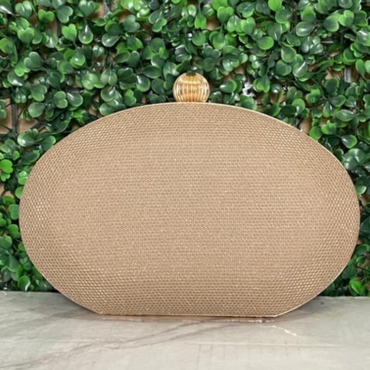 BOLSA CLUTCH OVAL TECIDO REDINHA COM BRILHO PUXADOR REDONDO