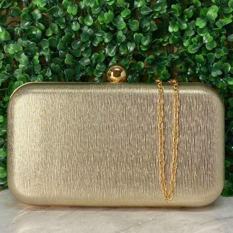 BOLSA CLUTCH RETÂNGULAR TEXTURA DE LINHAS ABOTUADOR REDONDO ALÇA DE CORRENTE