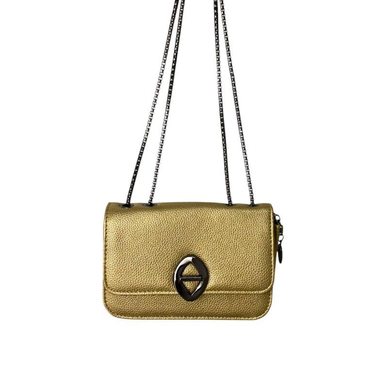 BOLSA PEQUENA LISA QUADRADA ABOTUADOR DETALHE ABSTRATO ALÇA DE CORRENTE DUPLA ONIX