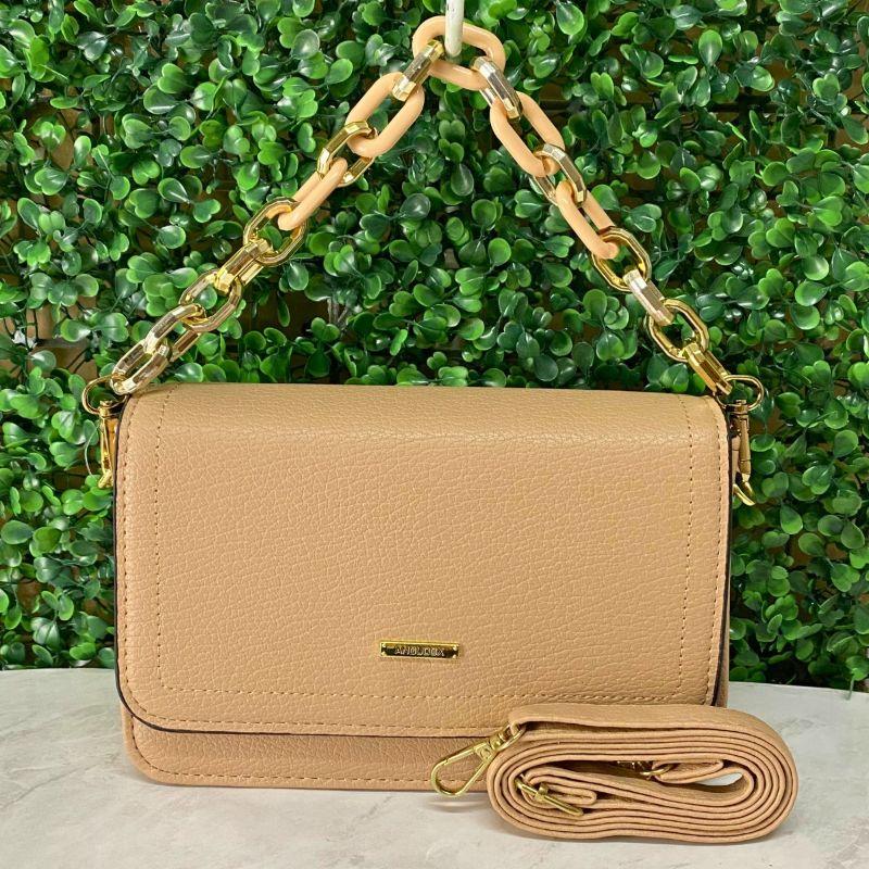 BOLSA PEQUENA QUADRADA LISA ALÇA DE CORRENTE COM DUAS CORRENTES