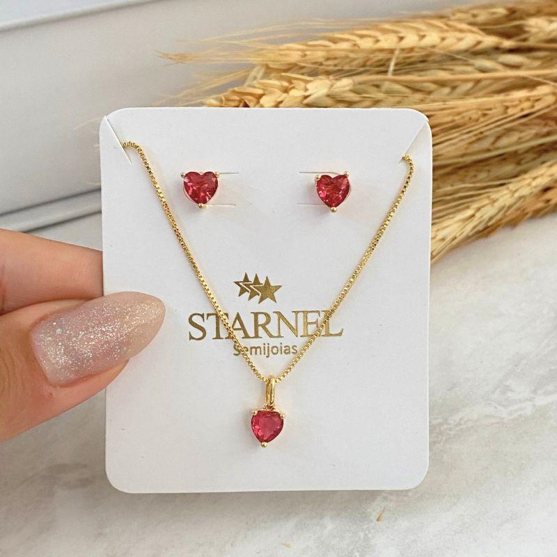 CONJUNTO CORAÇAO CHEIO ZIRCONIA RUBI VERMELHO