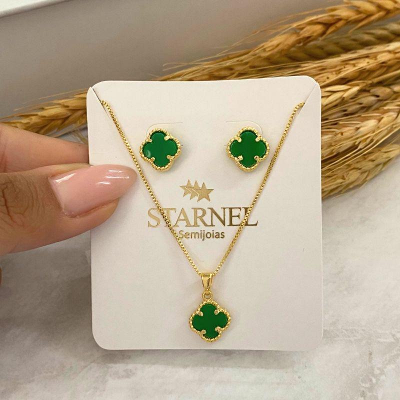 CONJUNTO TREVO DE 4 FOLHAS VERDE TURMALINA