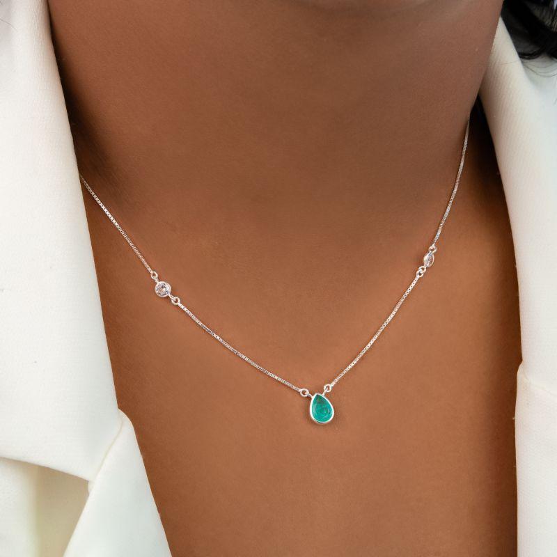 GARGANTILHA P925 GOTA 8X7 TURMALINA FUSION COM ZIRCÔNIAS 39CM + 5,5CM EXTENSOR