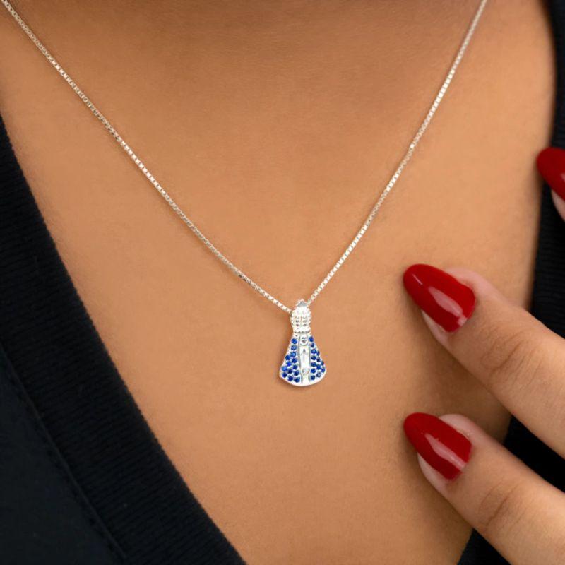 GARGANTILHA P925 VENEZIANA + PINGENTE NOSSA SENHORA APARECIDA CRAVEJADO MANTO AZUL