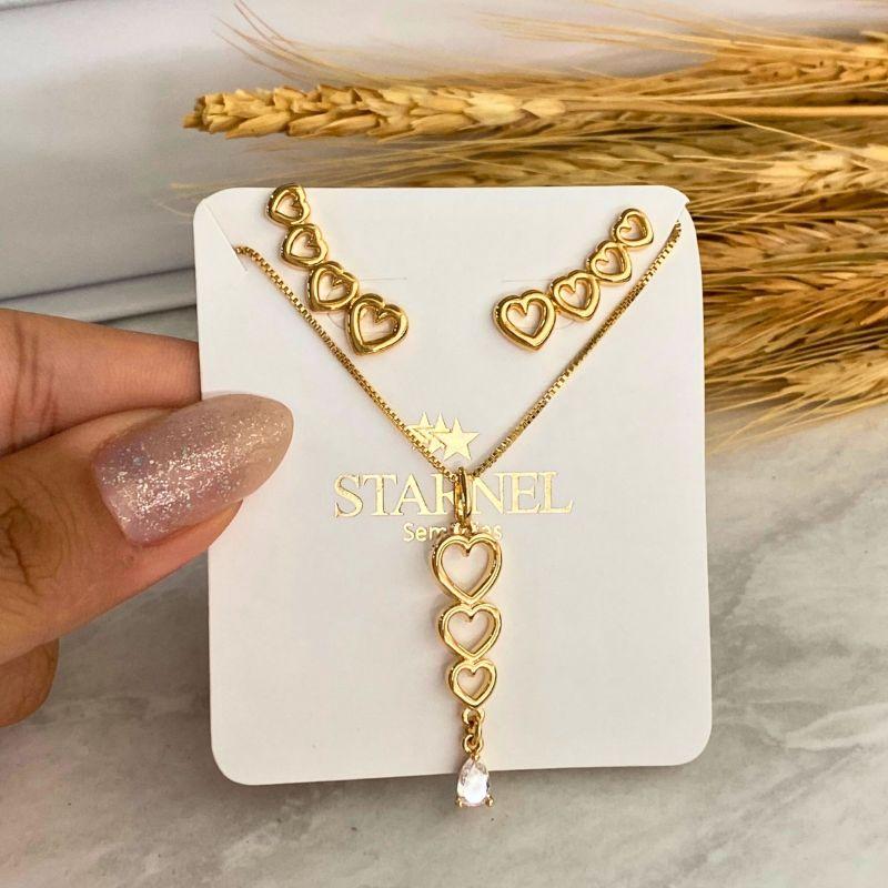 CONJUNTO 3 CORAÇÕES VAZADOS C/GOTA ZIRCONIA